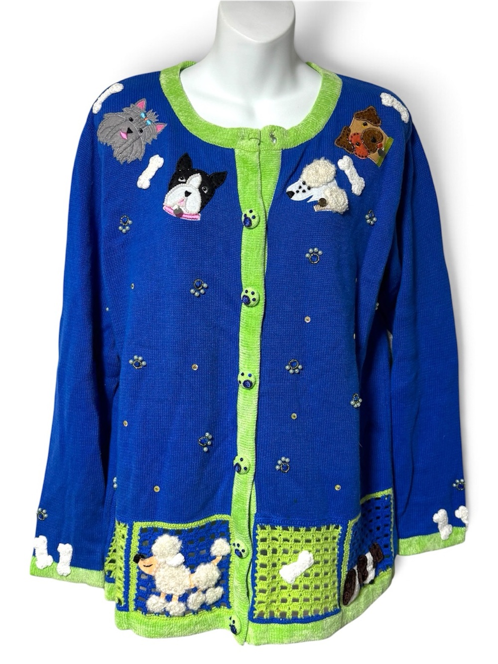 Quacker Factory Dog Applique Artsy Blue Knit Sweater Cardigan M Whimsical READ